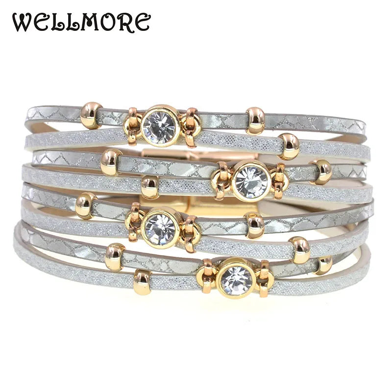 4 colors Bohemian leather bracelets  Metal bead charm bracelet with magnet back closure