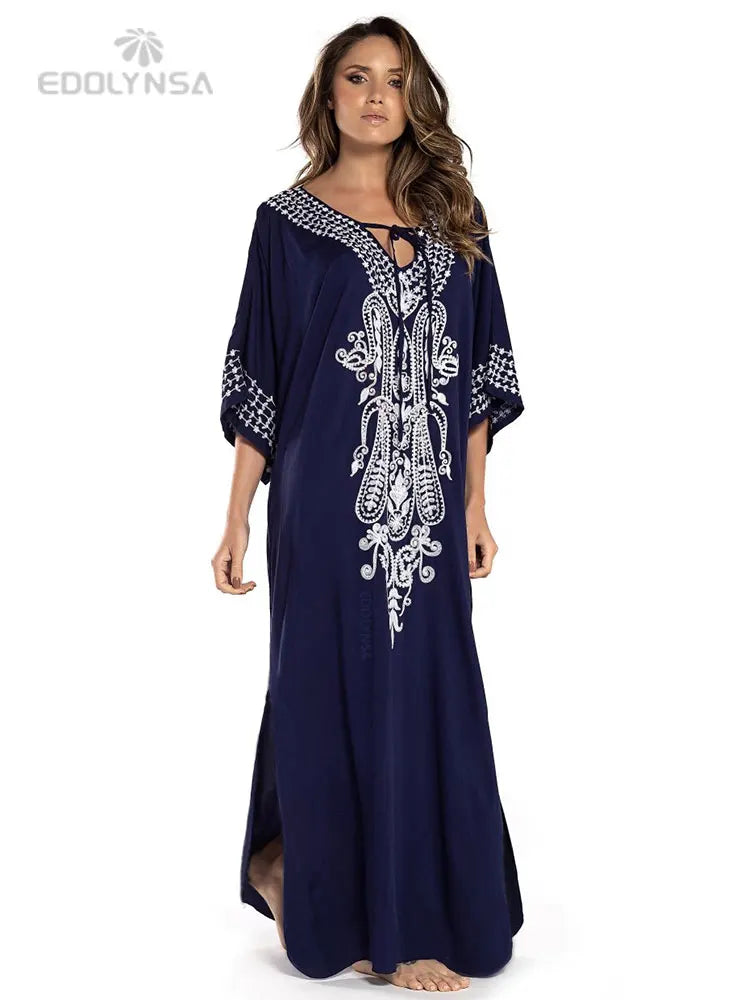 Embroidered 3/4 Sleeve Cotton Kaftan Swimsuit Cover Up Lounging Robe . 14 Designs