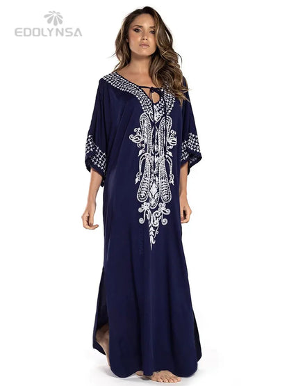 Embroidered 3/4 Sleeve Cotton Kaftan Swimsuit Cover Up Lounging Robe . 14 Designs