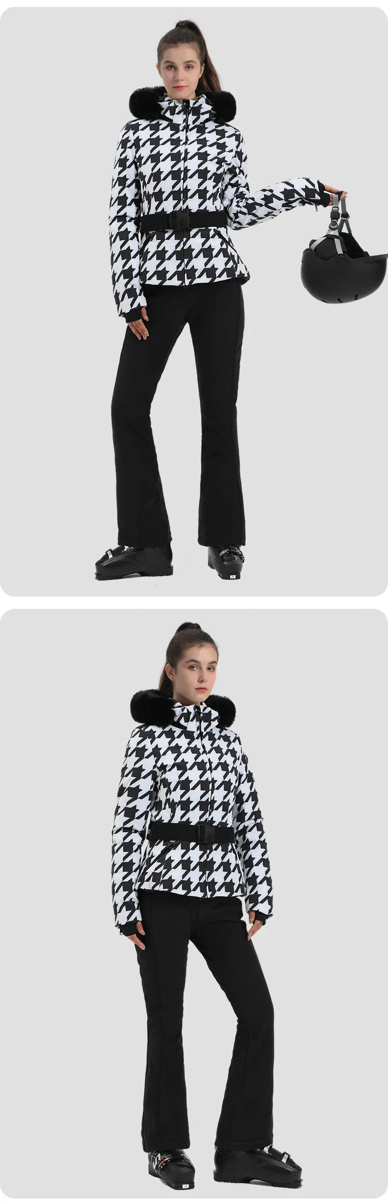 Warm Windproof Hooded Ski Jacket in 8 colors, including Black and White Houndstooth. Ski Pants Sold Separately