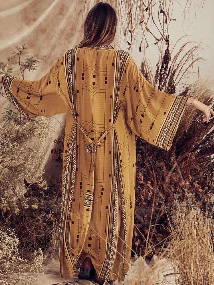 Bohemian Printed Cover-ups Elegant Belted Kimono Plus Size