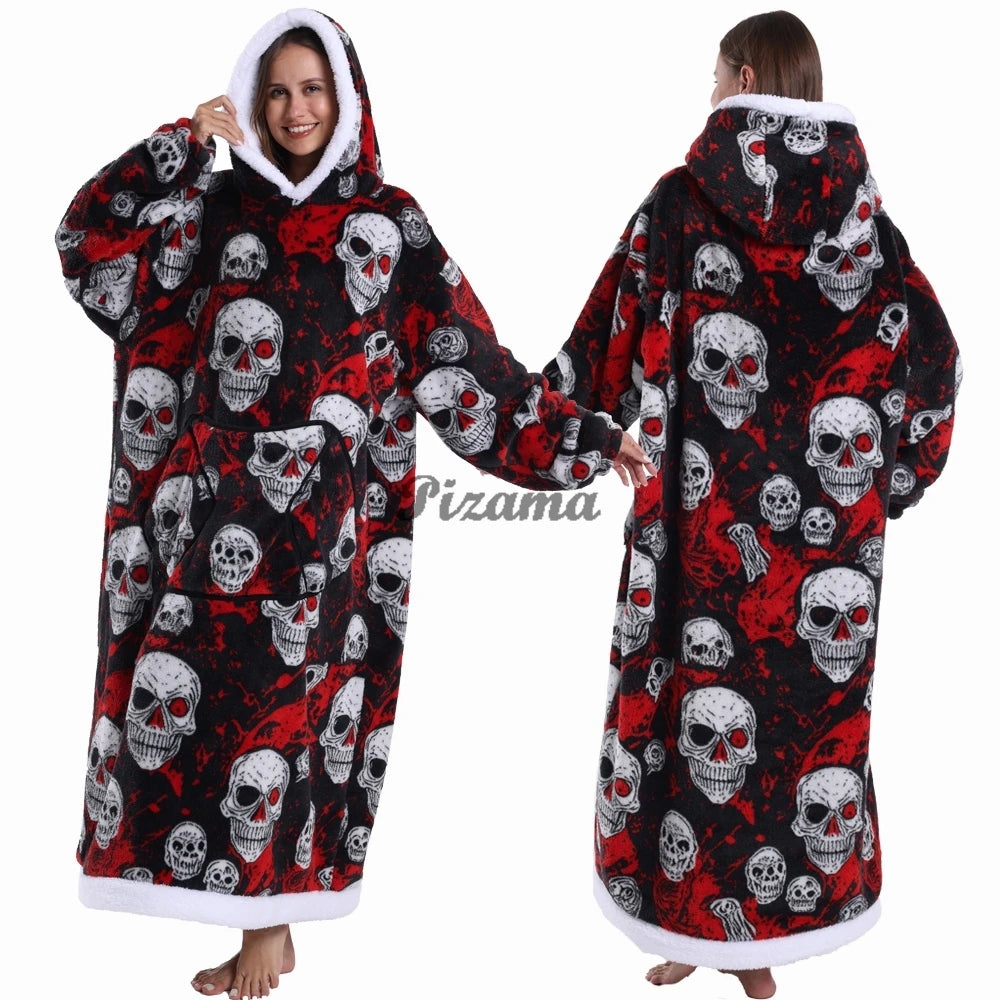 Super Long Flannel Pullover Night Shirt with Pocket and Hood, Super Snuggly for Men and Women, 12 Different Prints