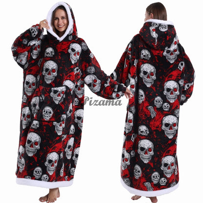 Super Long Flannel Pullover Night Shirt with Pocket and Hood, Super Snuggly for Men and Women, 12 Different Prints