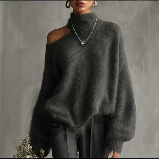 Off-Shoulder High-Collar Loose Knit Pullover, Long Sleeve, 10 Colors in sizes to 2XL