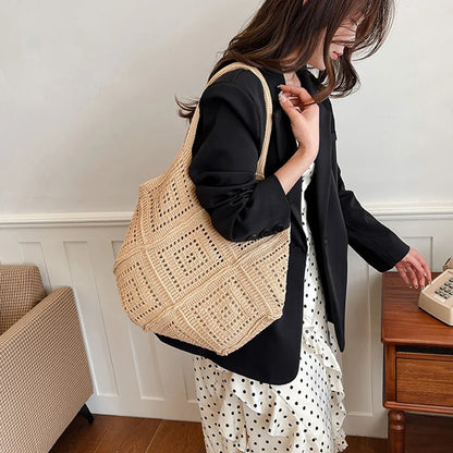 Hollowed Out Yarn Weaved, Large Capacity Shoulder Bags in Red, White, and Tan