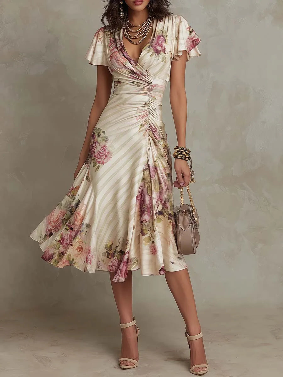 Boho Style Floral Print Midi Dress V Neck High Waist Short Bell Sleeves