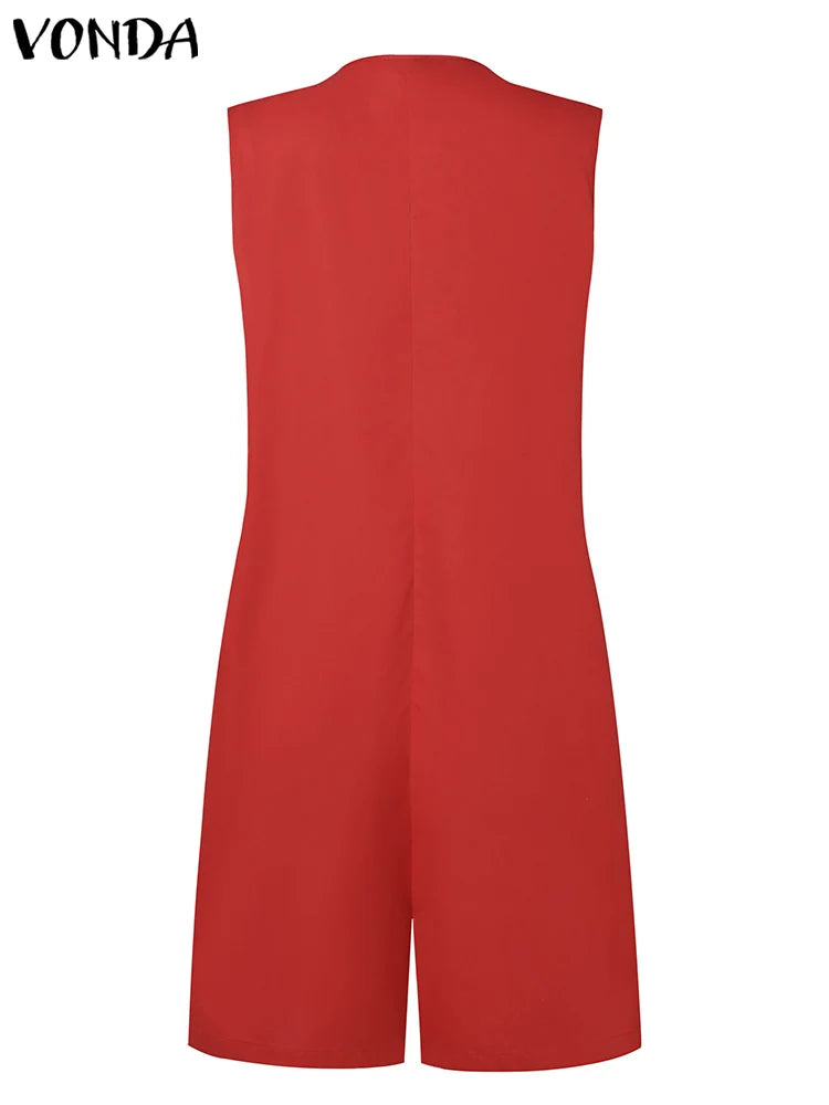 Sizes to 5XL Short Jumpsuits,  Sleeveless, Casual, Loose Fit, V Neck, Pockets, Comes in Khaki, Red, and Black
