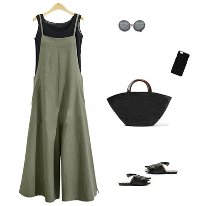 Spaghetti Strapped Jumpsuit to Sizes 5XL. Solid Color, Wide Leg Pants. Bibbed Overalls with Pockets. Casual, Loose, Cotton Linen
