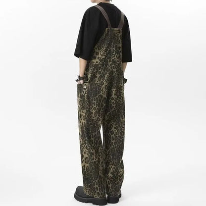 Sizes to 3XL Retro Leopard Print Workwear Overalls Jumpsuit Large Pocket Straight Wide Leg Denim Pant