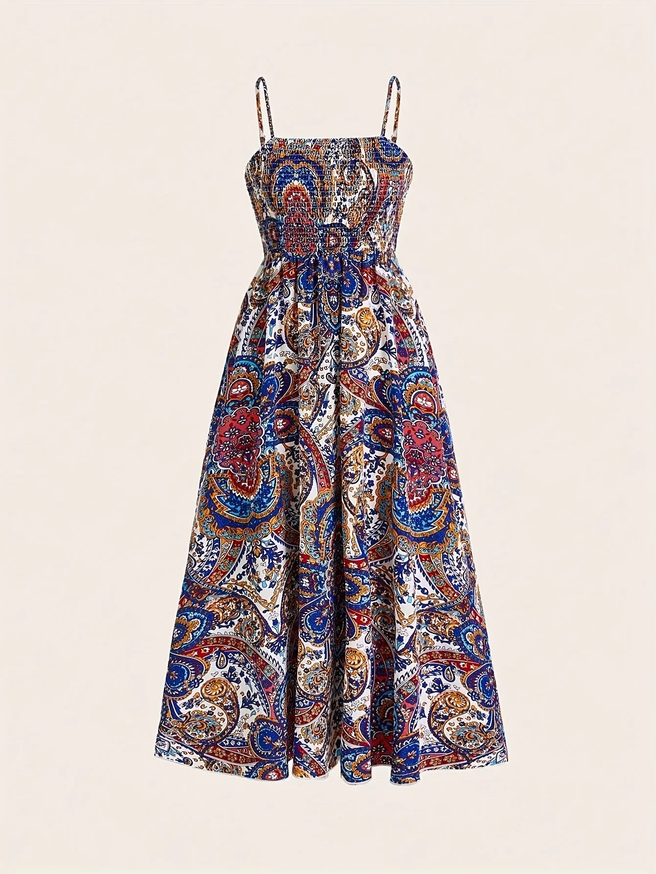 Paisley Print Swept Waist Spaghetti Straps Maxi Dress sizes to 2XL