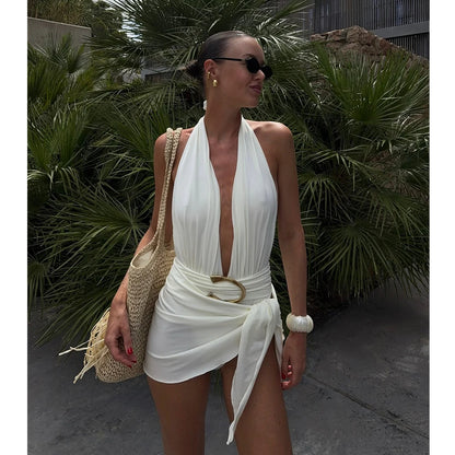 Two-Piece Swimsuit with Plunging Neckline Halter Top Swimwear with SSwiikirt cover-up