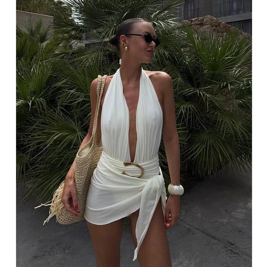 Two-Piece Swimsuit with Plunging Neckline Halter Top Swimwear with SSwiikirt cover-up