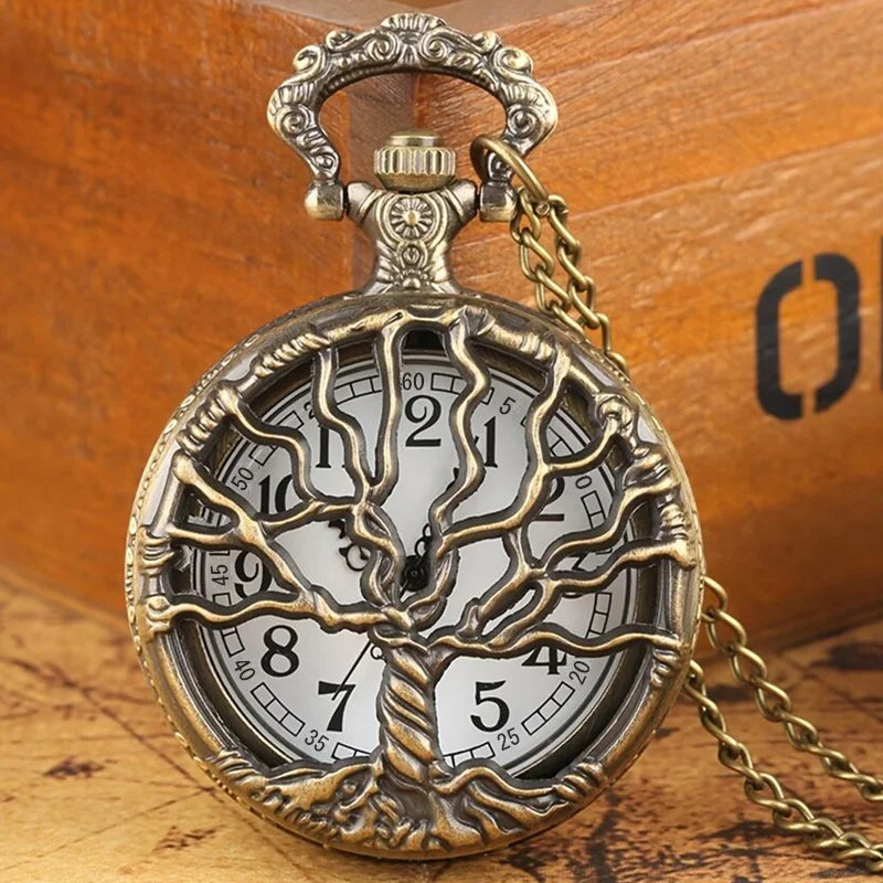 Vintage Hollow Tree Pocket Watch Unique Style With Necklace Chain Clock Retro