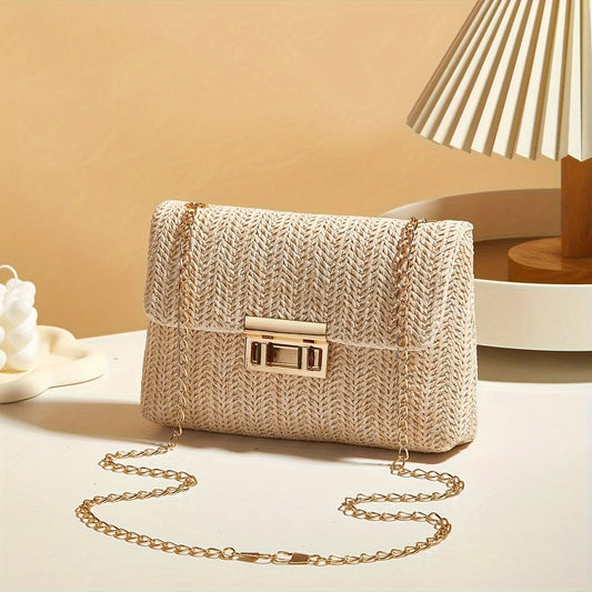 Handwoven Straw Shoulder Bag, Fashion Solid Color Crossbody Purse with Lock Closure