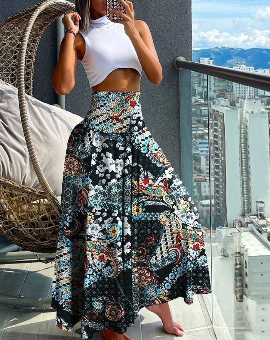 8 Designs of Long Paisley Print Flowy Boho Skirt With Tall Elastic Waist