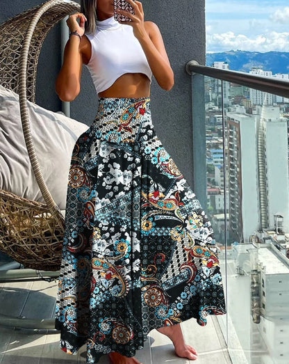 8 Designs of Long Paisley Print Flowy Boho Skirt With Tall Elastic Waist