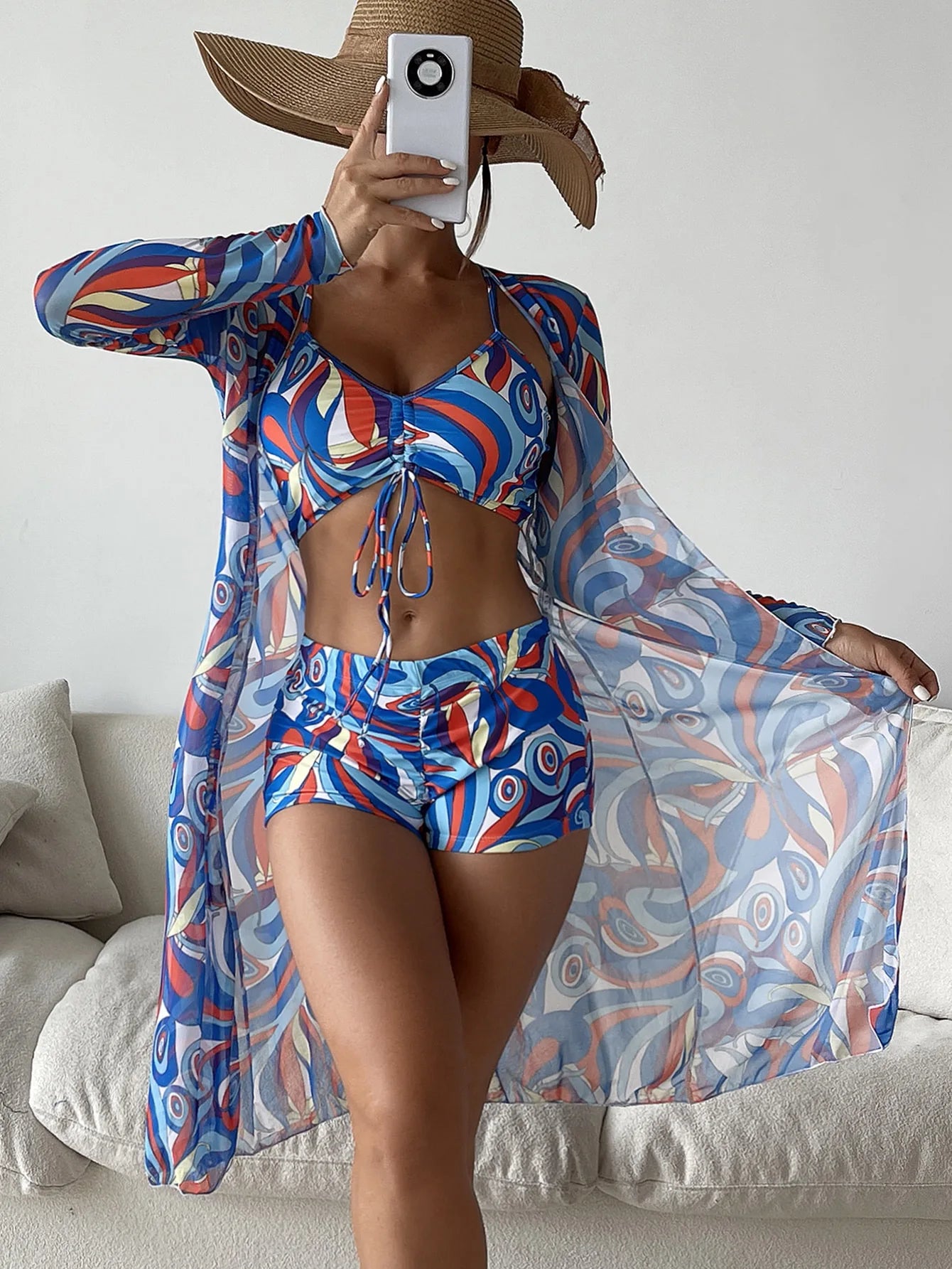 Print Bikini High Waisted with Boy Shorts Swimsuit and Cover Up