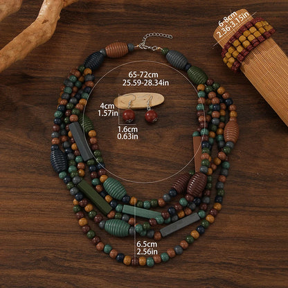 Multi-layered Boho Beaded Necklace Handmade Wooden Beads Necklace Earrings Bracelet Jewelry Set