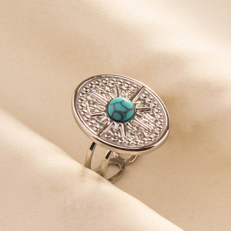 1pc Boho Turquoise Ring Stainless Steel Light Blue Gemstone Silver Adjustable Ring