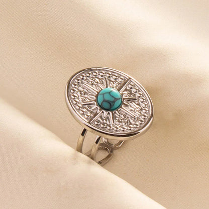 1pc Boho Turquoise Ring Stainless Steel Light Blue Gemstone Silver Adjustable Ring
