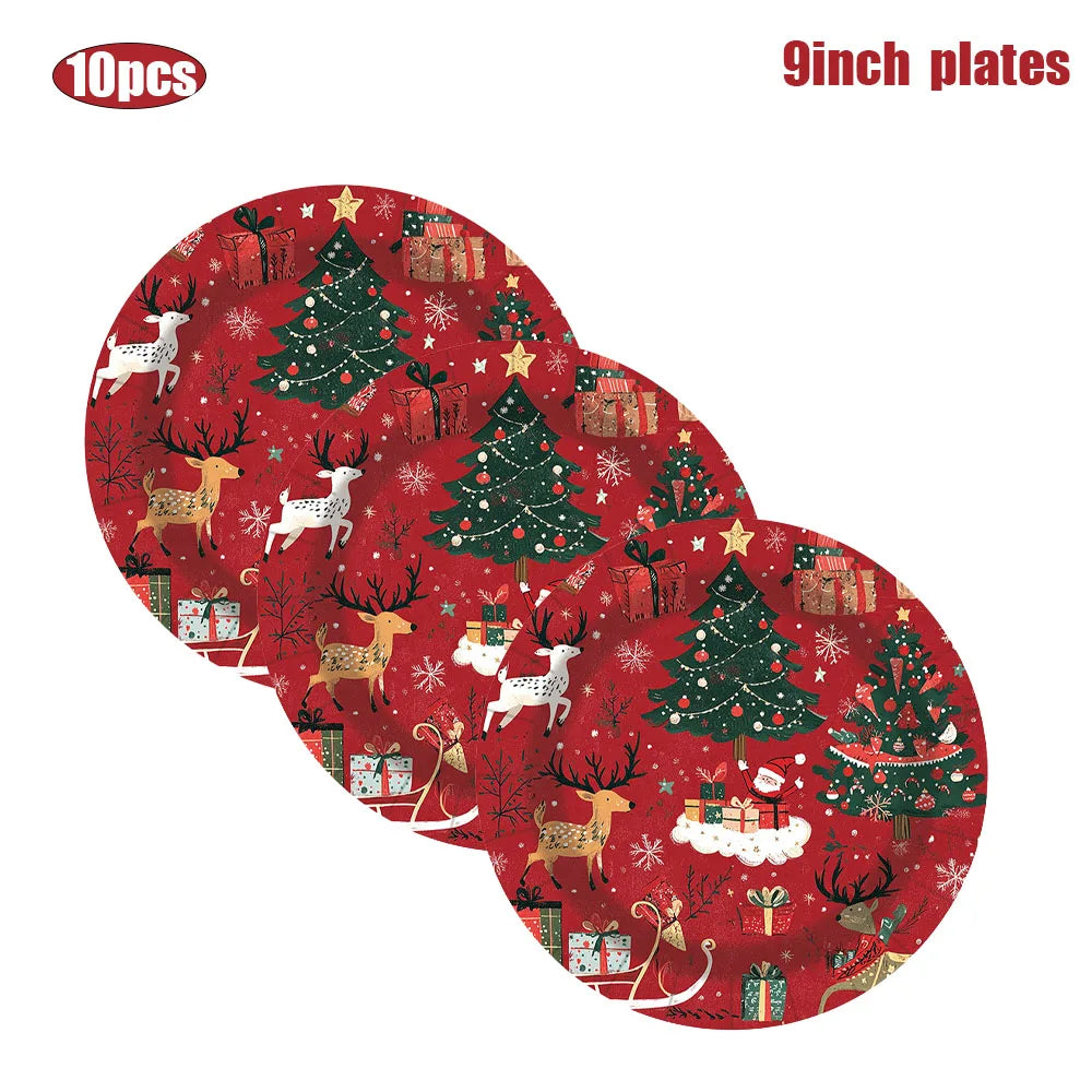 Christmas Reindeer and Trees Disposable Tableware Set, Plates, Cups, Straws, Napkins