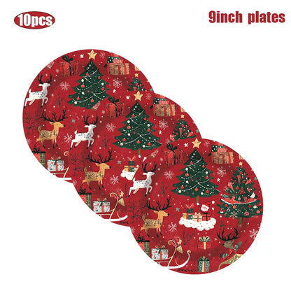 Christmas Reindeer and Trees Disposable Tableware Set, Plates, Cups, Straws, Napkins