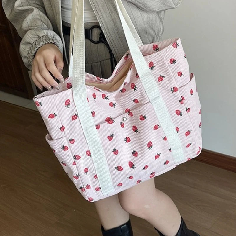 Corduroy Shoulder Bag, Cute Printed Handbag, Casual Commuter & Shopping Bag or Gift Bag