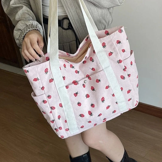 Corduroy Shoulder Bag, Cute Printed Handbag, Casual Commuter & Shopping Bag or Gift Bag