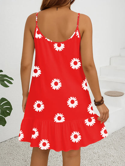 Plus sizes to 5XL sleeveless floral print dress, sun dress with ruffled hem, casual spaghetti straps, and v-neck
