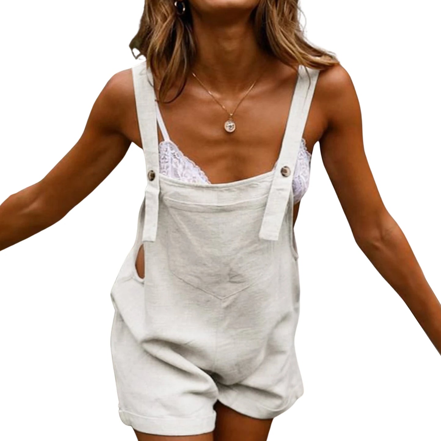 Women's New Sleeveless Square Collar Black White And Military Green Button Fashion Casual Suspender Shorts
