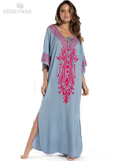 Embroidered 3/4 Sleeve Cotton Kaftan Swimsuit Cover Up Lounging Robe . 14 Designs
