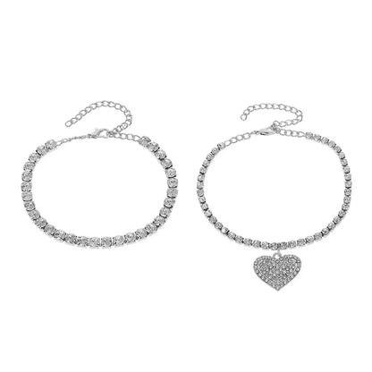 Double Heart Anklet with Crystal Cubic Zirconia Chain, Ankle Bracelet, Foot Jewelry