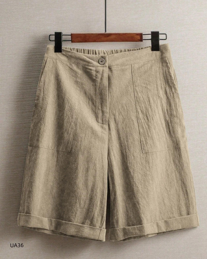 Casual Cotton Linen Knee-Length Shorts, Elastic Waist, Bermuda Shorts with Pockets, in 5 Colors