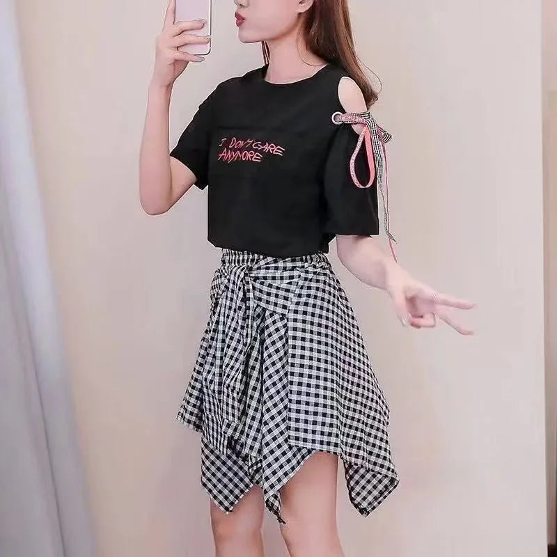 Sporty Street Style with Ruffle and Bow Tie Asymmetrical Hankie Hemline Elastic Waist, Plaid Patterned Skirt--Sizes 58 Centimeter Waist