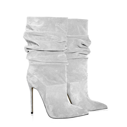 Women Beige Suede Slouch Pointed Toe Stiletto Ankle Boots in Multi-colors: Red, Hot Pink, Grey, Black, Green, Brown, and Purple