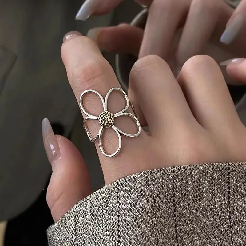 Sterling Silver Rings INS Fashion Vintage Hollow Lines  Adjustable  Jewelry