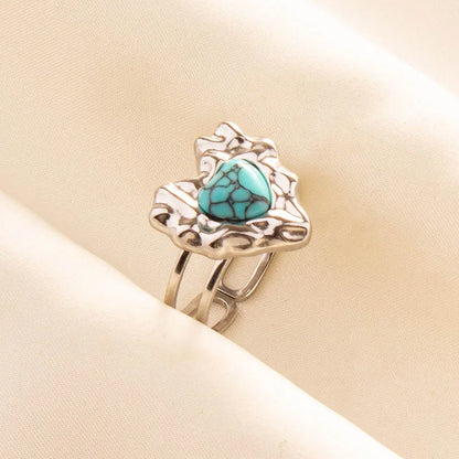 1pc Boho Turquoise Ring Stainless Steel Light Blue Gemstone Silver Adjustable Ring