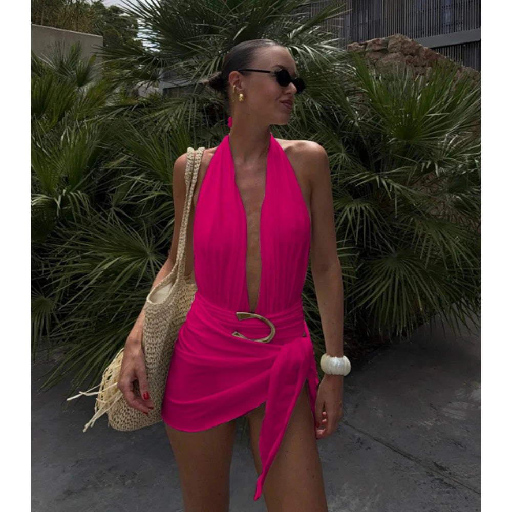 Two-Piece Swimsuit with Plunging Neckline Halter Top Swimwear with SSwiikirt cover-up