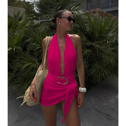 Two-Piece Swimsuit with Plunging Neckline Halter Top Swimwear with SSwiikirt cover-up