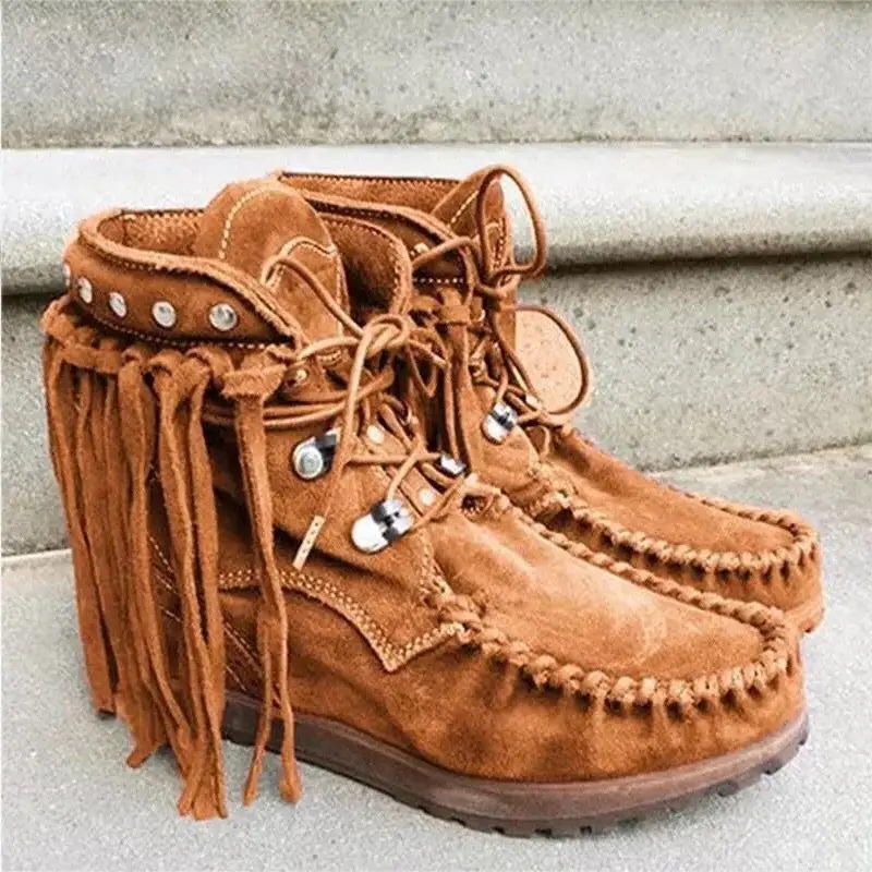 Lace-Up Boho Brushed Denim Ankle Boots with Ties and Tassels