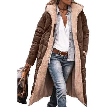 Reversible Sherpa Fleece, Long, Hooded Puffer Coats. Check colors: Brown, Green, Black, Burgundy, Light Gray