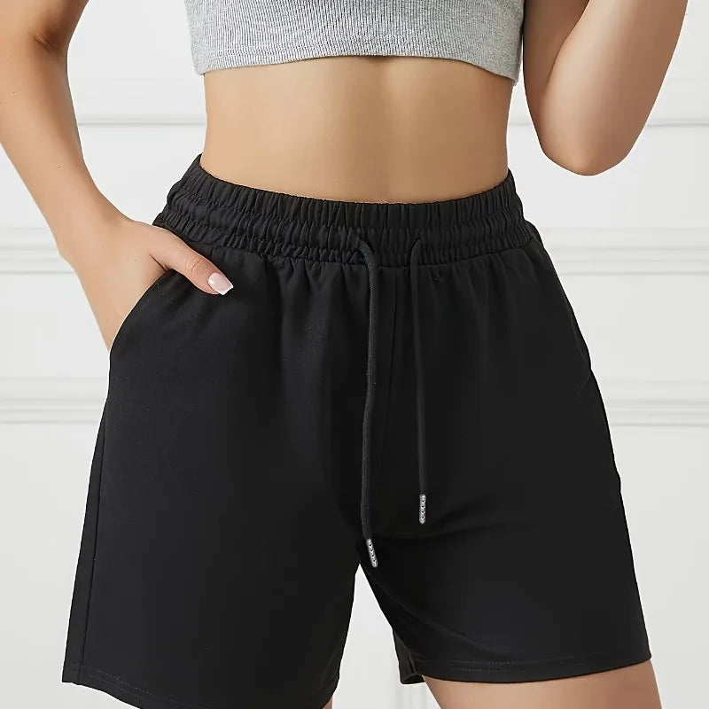 Ladies' front pockets, elastic and drawstring waist, casual exercise shorts