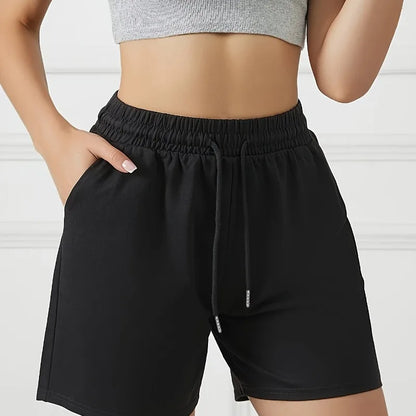 Ladies' front pockets, elastic and drawstring waist, casual exercise shorts