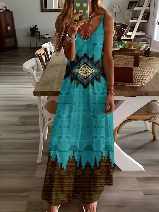 Boho Vintage Tribal Print V Neck Slip Dress Lightweight Breathable Fabric