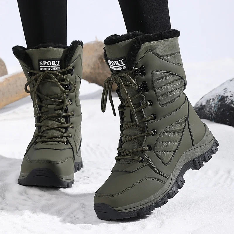 High-top Waterproof Snow Boots, Thick Plush Warm Insoles, Tie Up, Come in Army Green, White, and Black