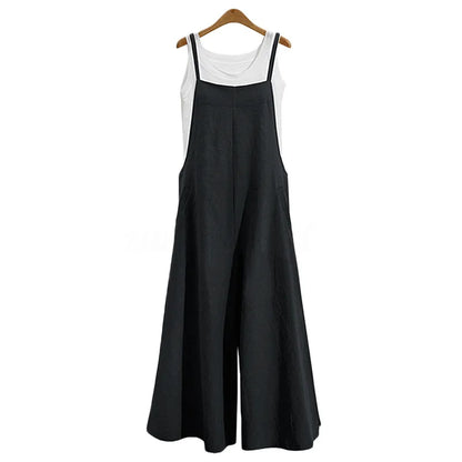 Spaghetti Strapped Jumpsuit to Sizes 5XL. Solid Color, Wide Leg Pants. Bibbed Overalls with Pockets. Casual, Loose, Cotton Linen
