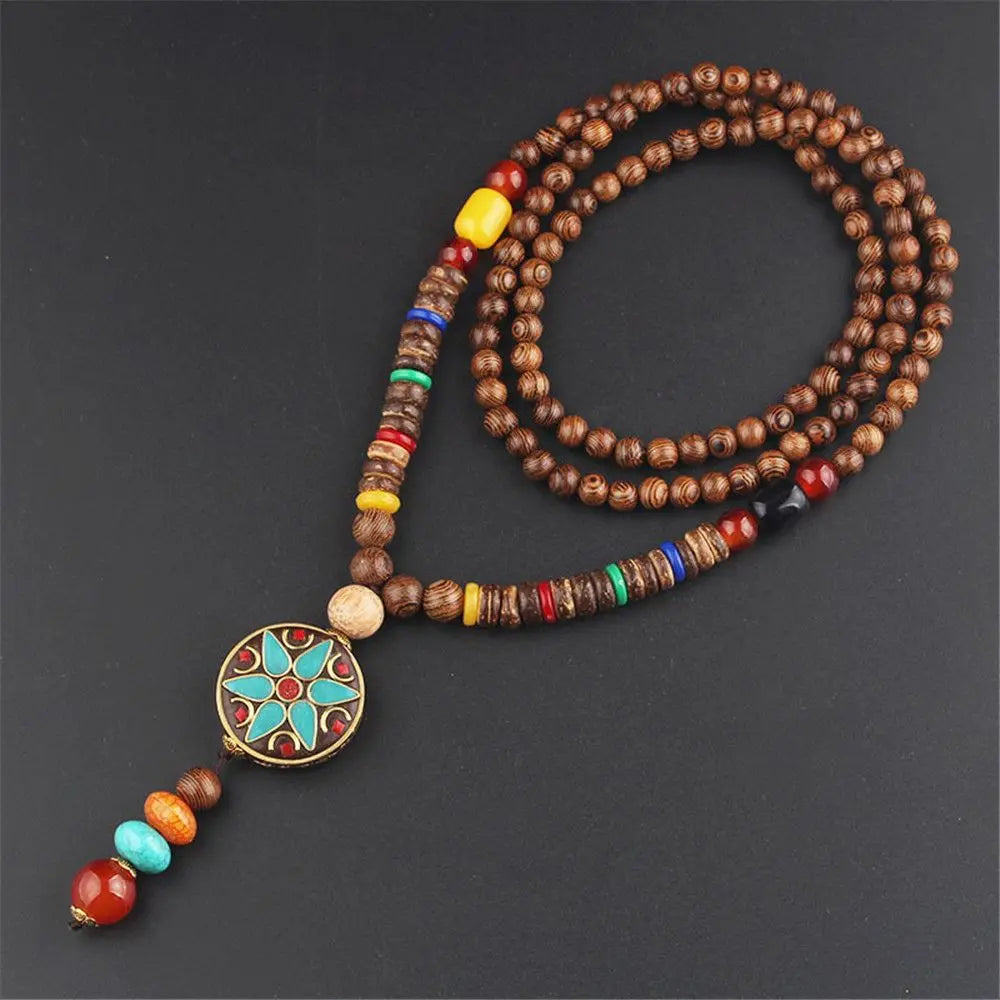 Long Wooden Beaded Tassel Boho  Necklace Nepal Wood Beads