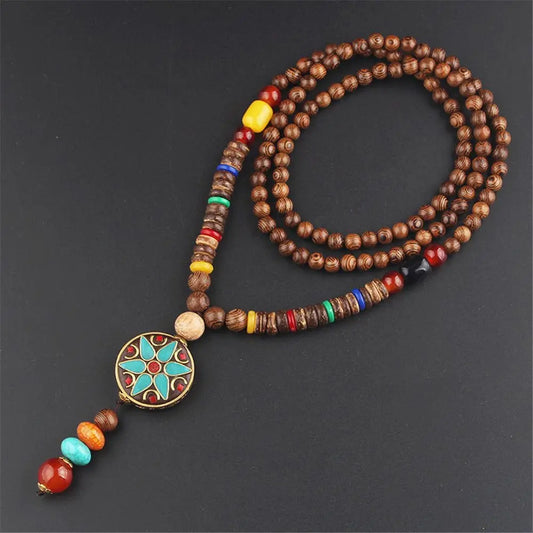 Long Wooden Beaded Tassel Boho  Necklace Nepal Wood Beads