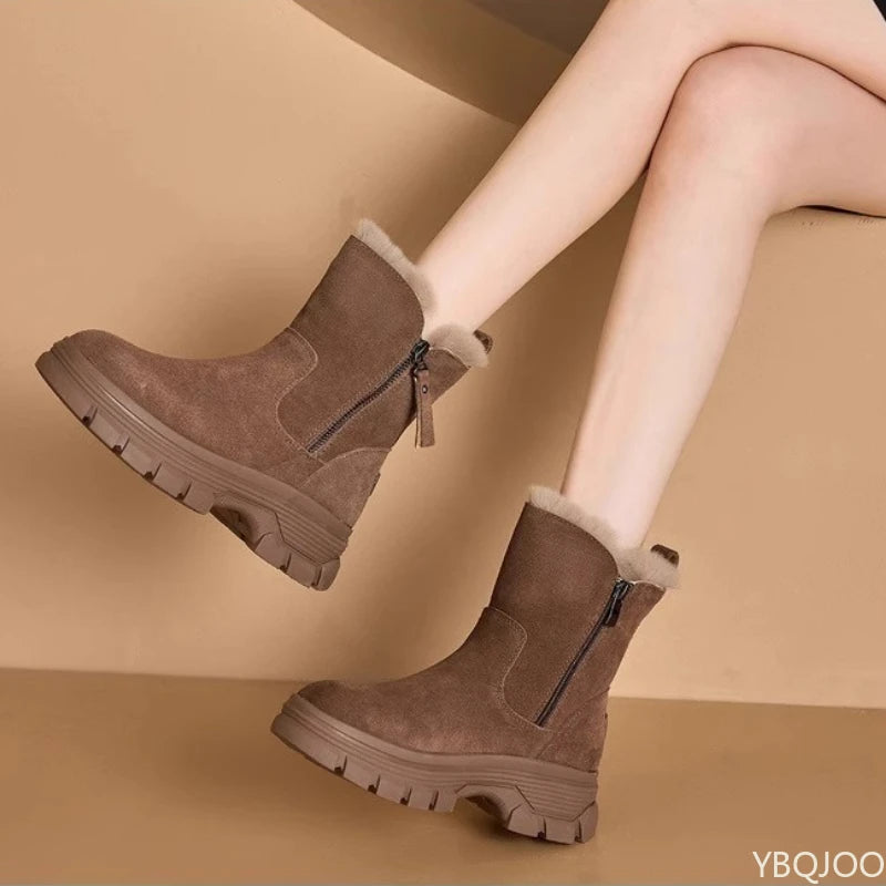 Thick cotton-lined snow boots with side zipper, weather-resistant, anti-slip, and  versatile short boots