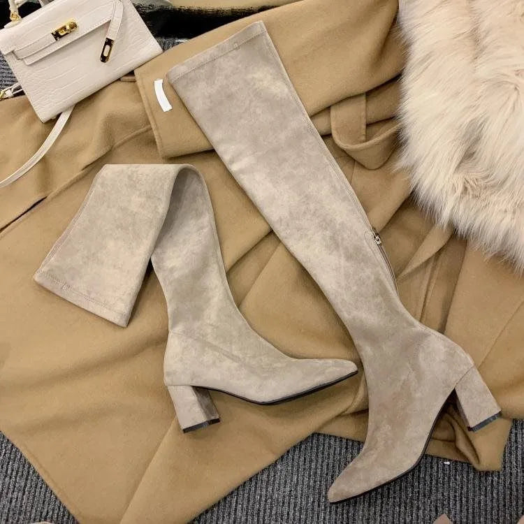 Sexy High Boots Over The Knee, Warm Boots, Suede Back Zipper, Square Heel